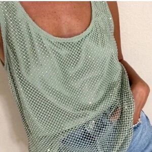Sunday in Brooklyn Sleeveless Rhinestone Mesh Tank Top XS